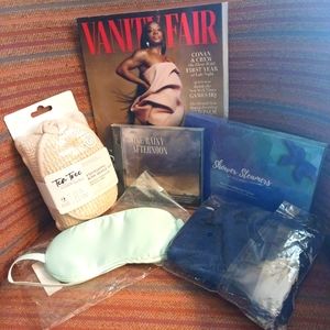 6 piece Spa package NIB Sleep mask, loofah, aromatherapy Hair wrap CD  Magazine